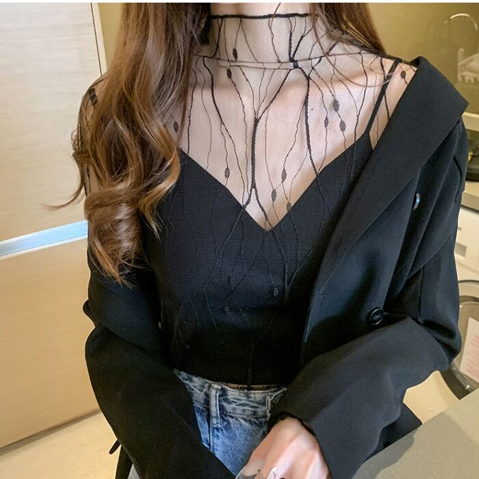 Spring and Autumn Simple Long Sleeves Fairy See-through Lace Mesh